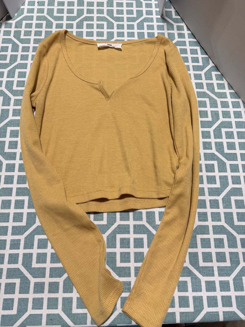 Double Zero Mustard Yellow Waffle Knit Notched V-Neck Crop Top